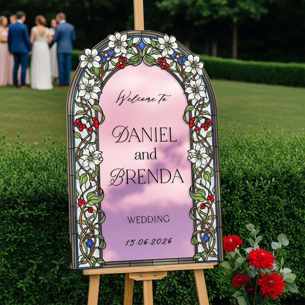 Floral Stained Glass Wedding Sign, Arched Garden Vine Wedding Welcome Sign - SpeedyOrders
