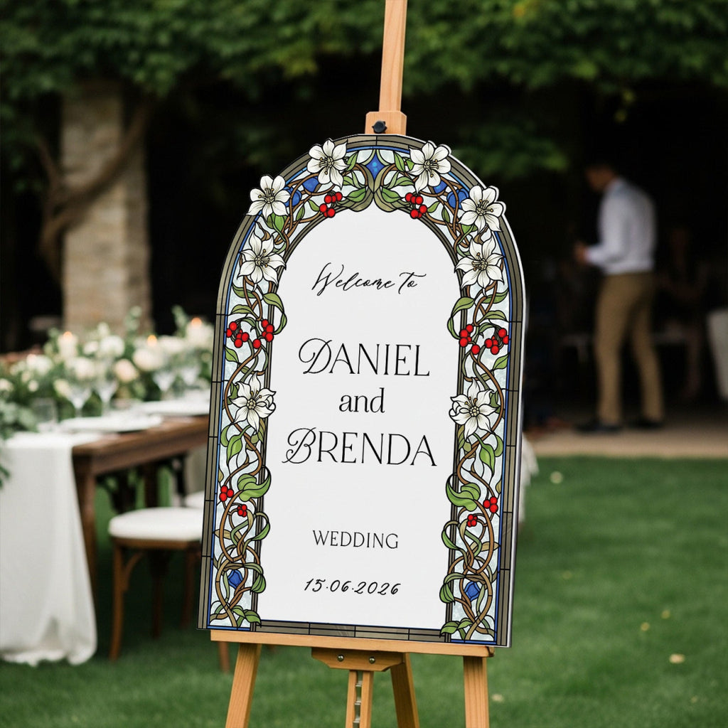 Floral Stained Glass Wedding Sign, Arched Garden Vine Wedding Welcome Sign - SpeedyOrders