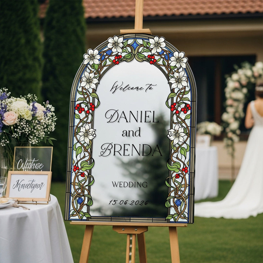 Floral Stained Glass Wedding Sign, Arched Garden Vine Wedding Welcome Sign - SpeedyOrders