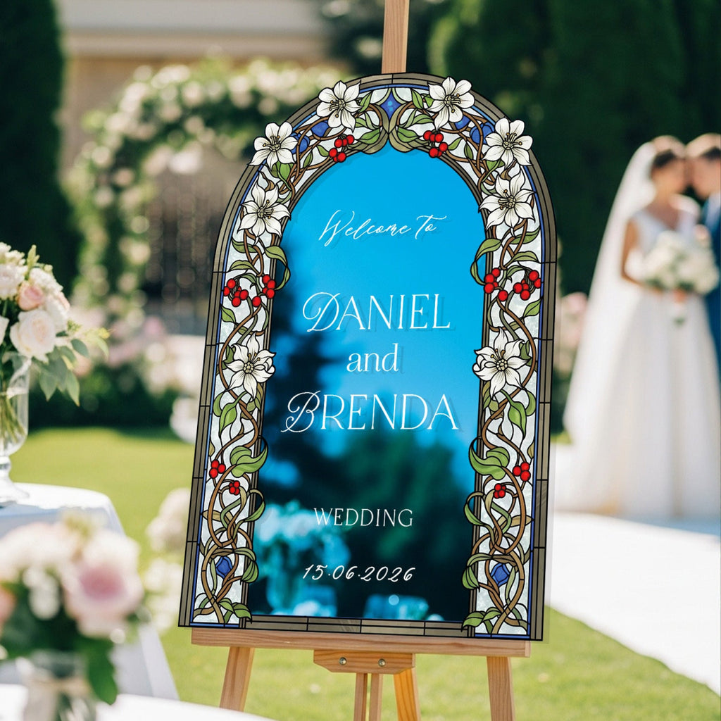 Floral Stained Glass Wedding Sign, Arched Garden Vine Wedding Welcome Sign - SpeedyOrders