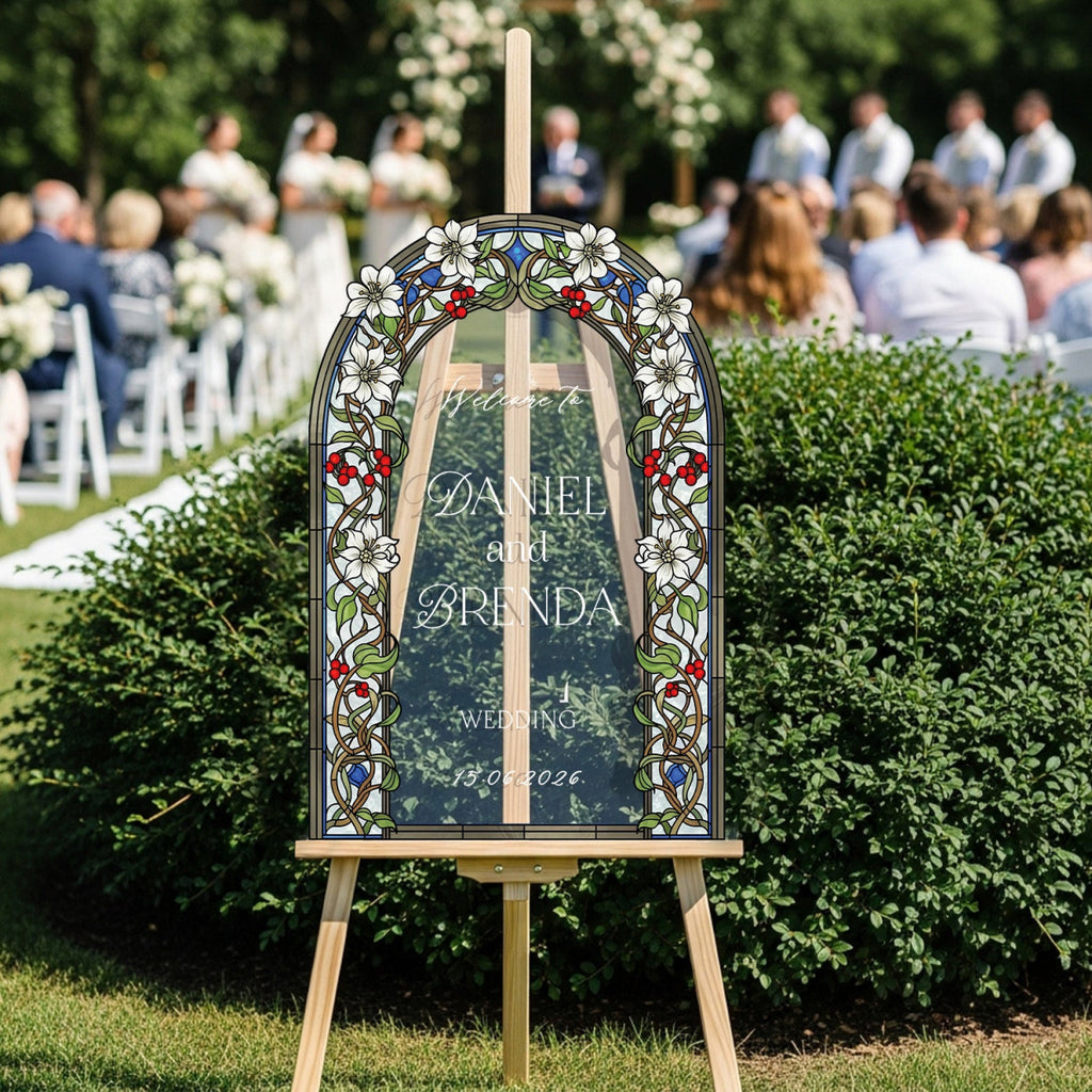 Floral Stained Glass Wedding Sign, Arched Garden Vine Wedding Welcome Sign - SpeedyOrders