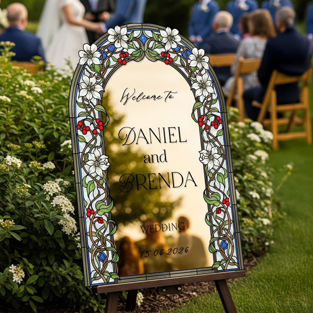 Floral Stained Glass Wedding Sign, Arched Garden Vine Wedding Welcome Sign - SpeedyOrders