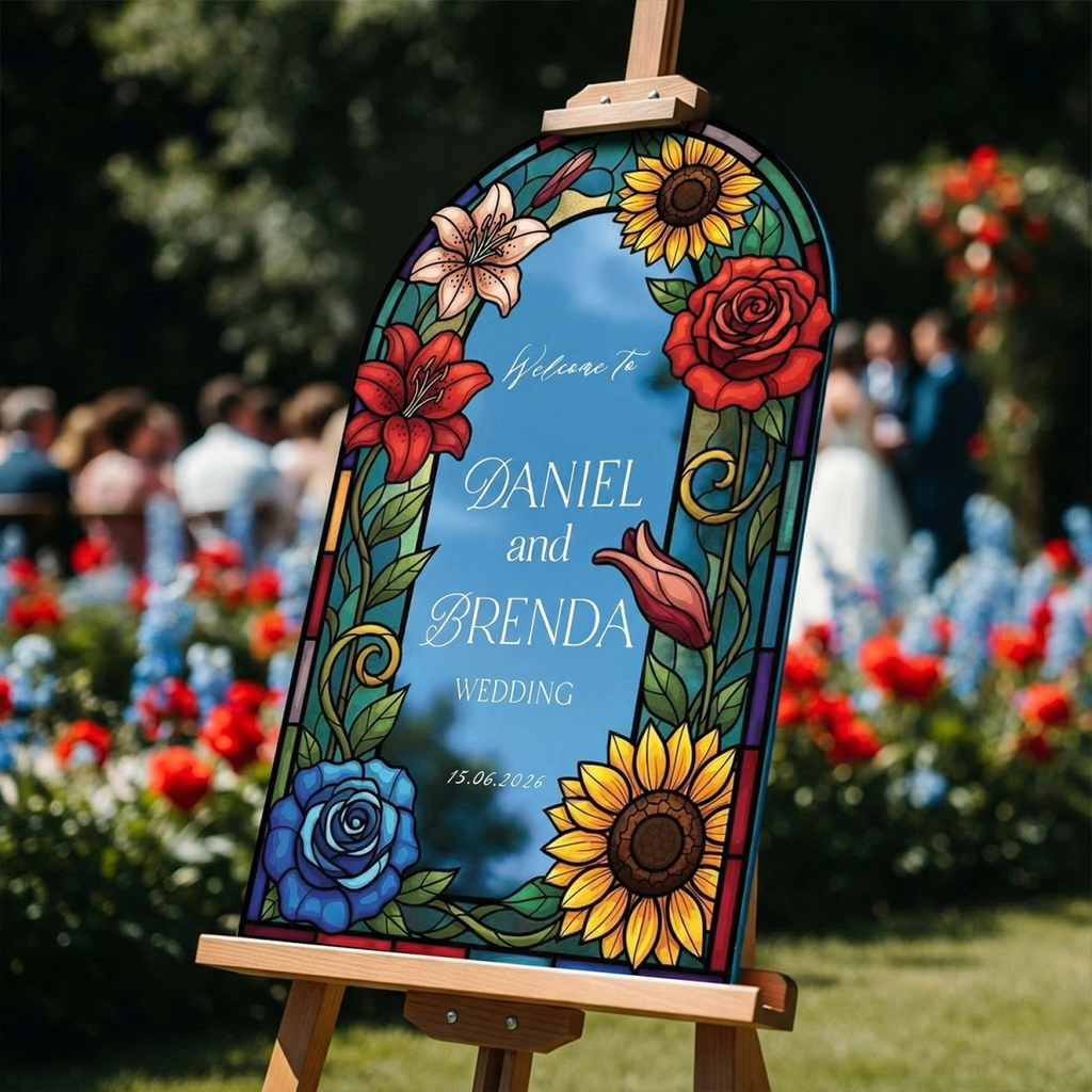 Floral Stained Glass Wedding Sign, Arched Mirror Wedding Welcome Sign - SpeedyOrders