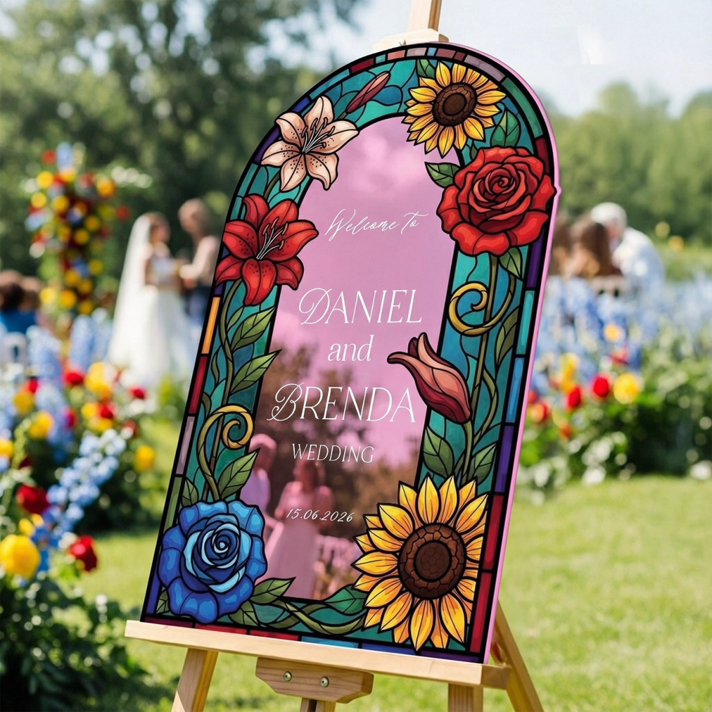 Floral Stained Glass Wedding Sign, Arched Mirror Wedding Welcome Sign - SpeedyOrders