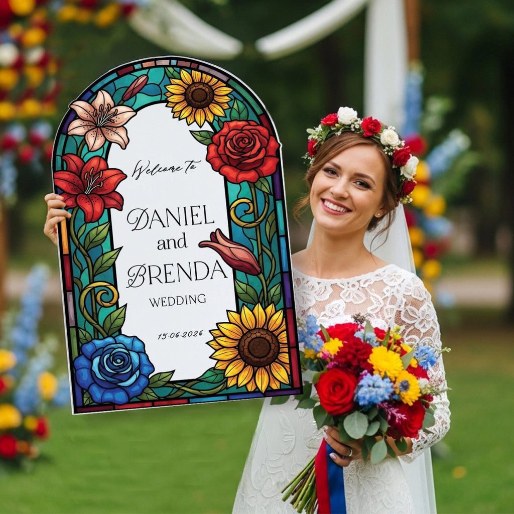 Floral Stained Glass Wedding Sign, Arched Mirror Wedding Welcome Sign - SpeedyOrders