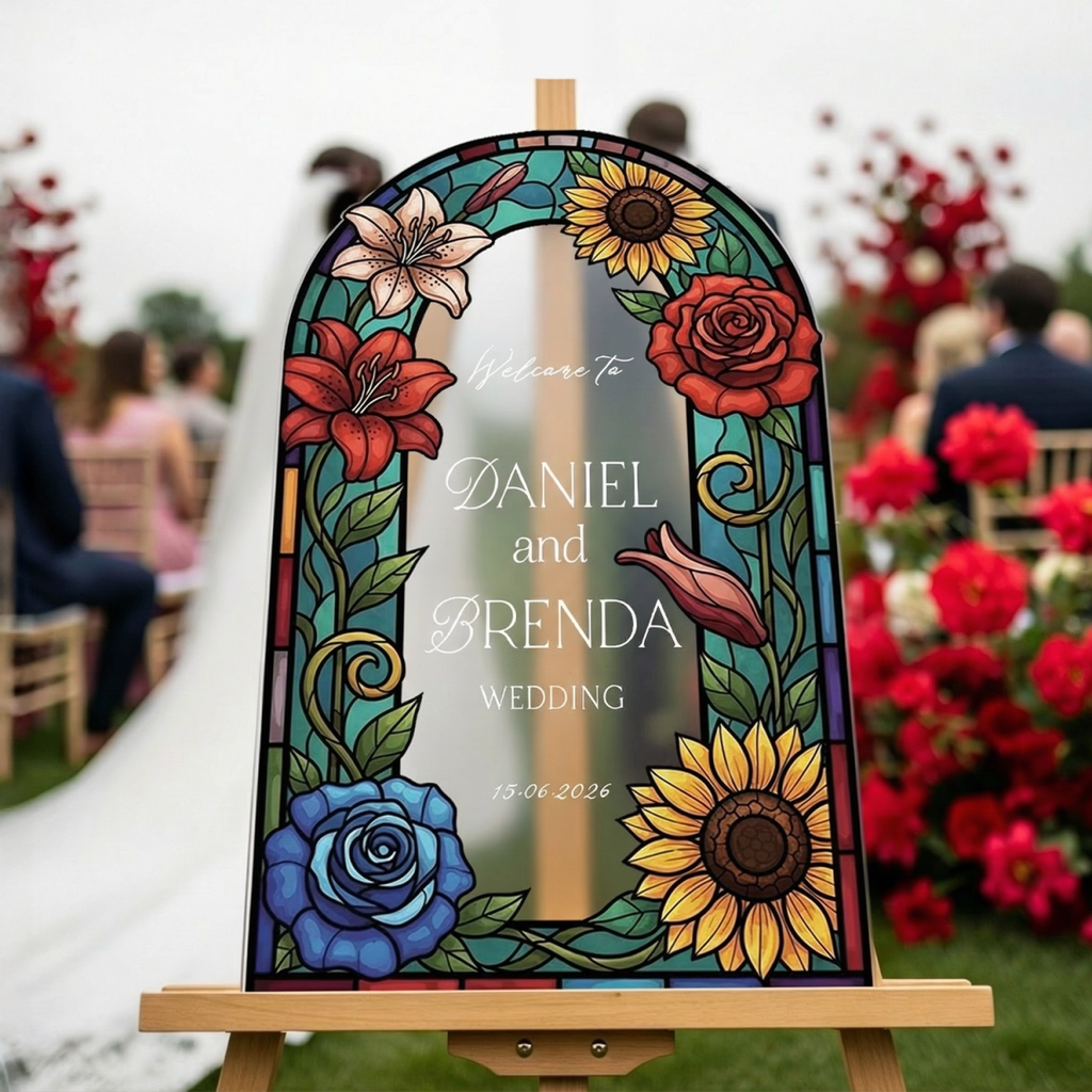 Floral Stained Glass Wedding Sign, Arched Mirror Wedding Welcome Sign - SpeedyOrders
