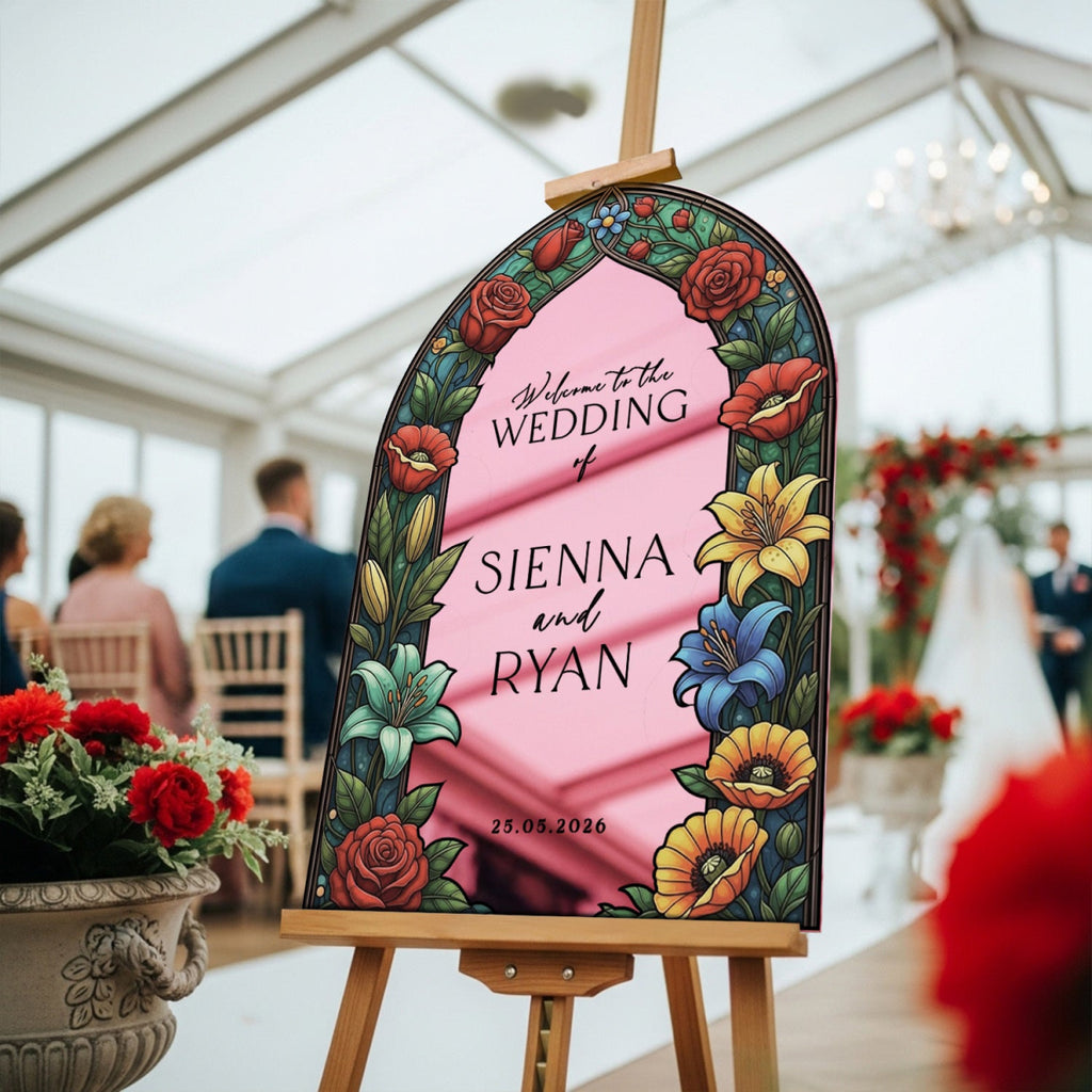 Floral Stained Glass Wedding Sign, Mirror Green Garden Wedding Welcome Sign - SpeedyOrders