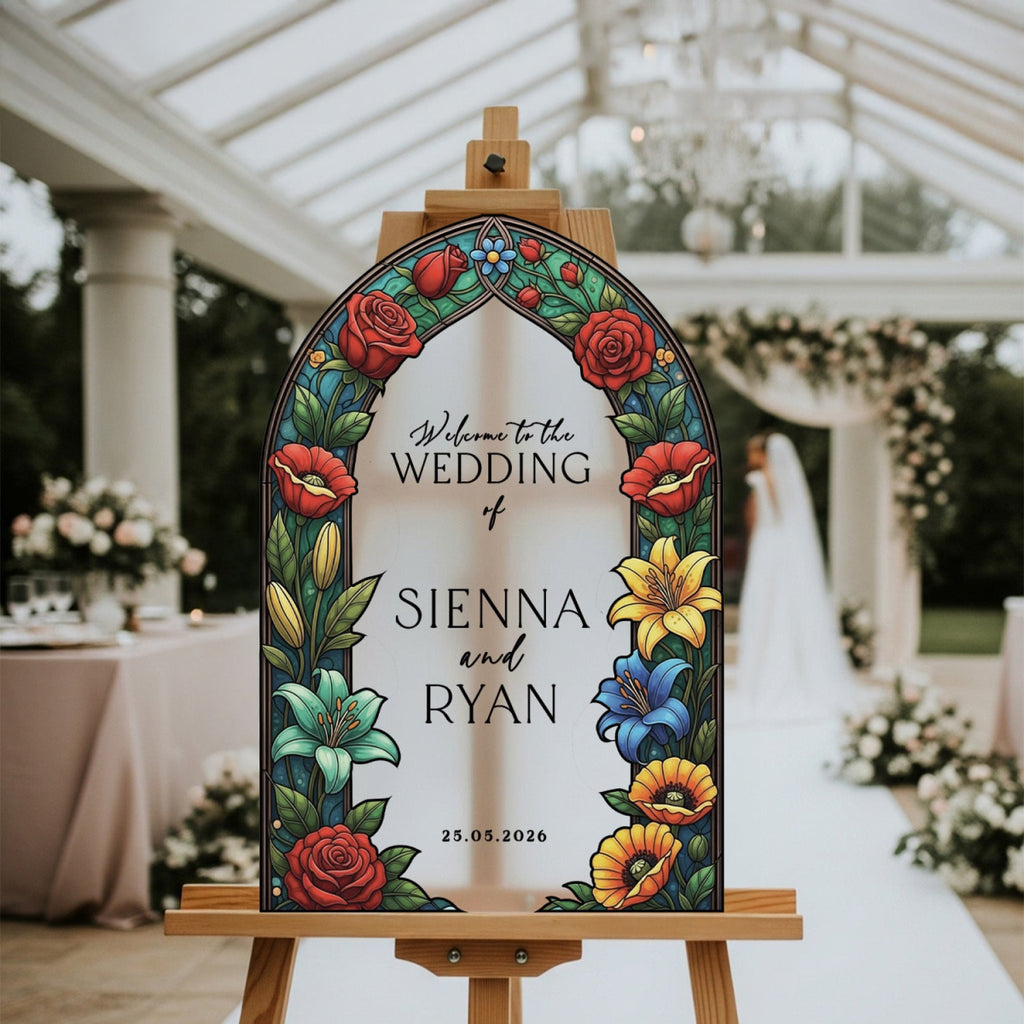 Floral Stained Glass Wedding Sign, Mirror Green Garden Wedding Welcome Sign - SpeedyOrders