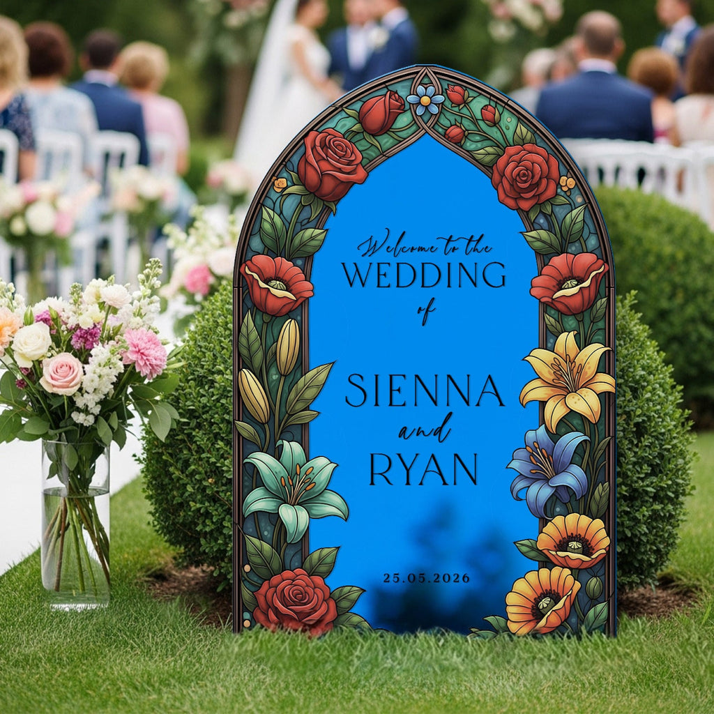 Floral Stained Glass Wedding Sign, Mirror Green Garden Wedding Welcome Sign - SpeedyOrders