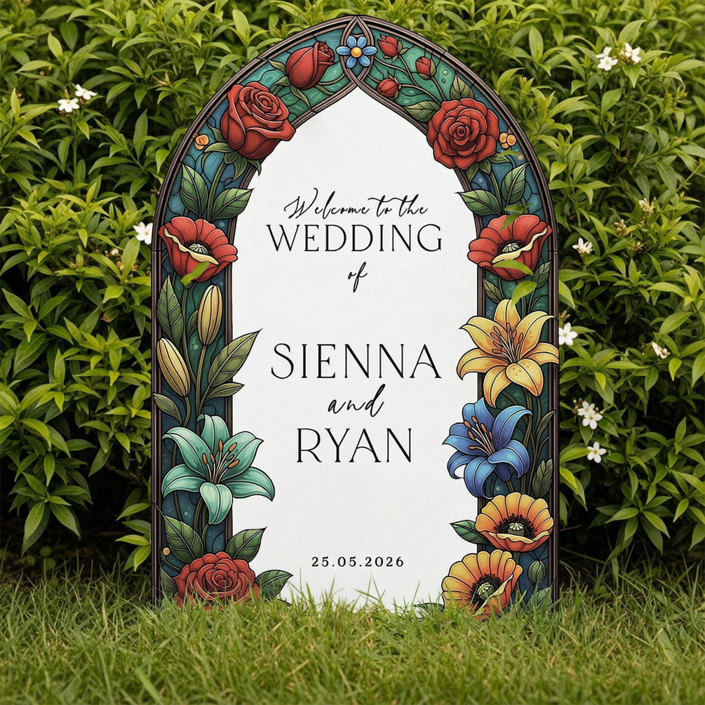Floral Stained Glass Wedding Sign, Mirror Green Garden Wedding Welcome Sign - SpeedyOrders