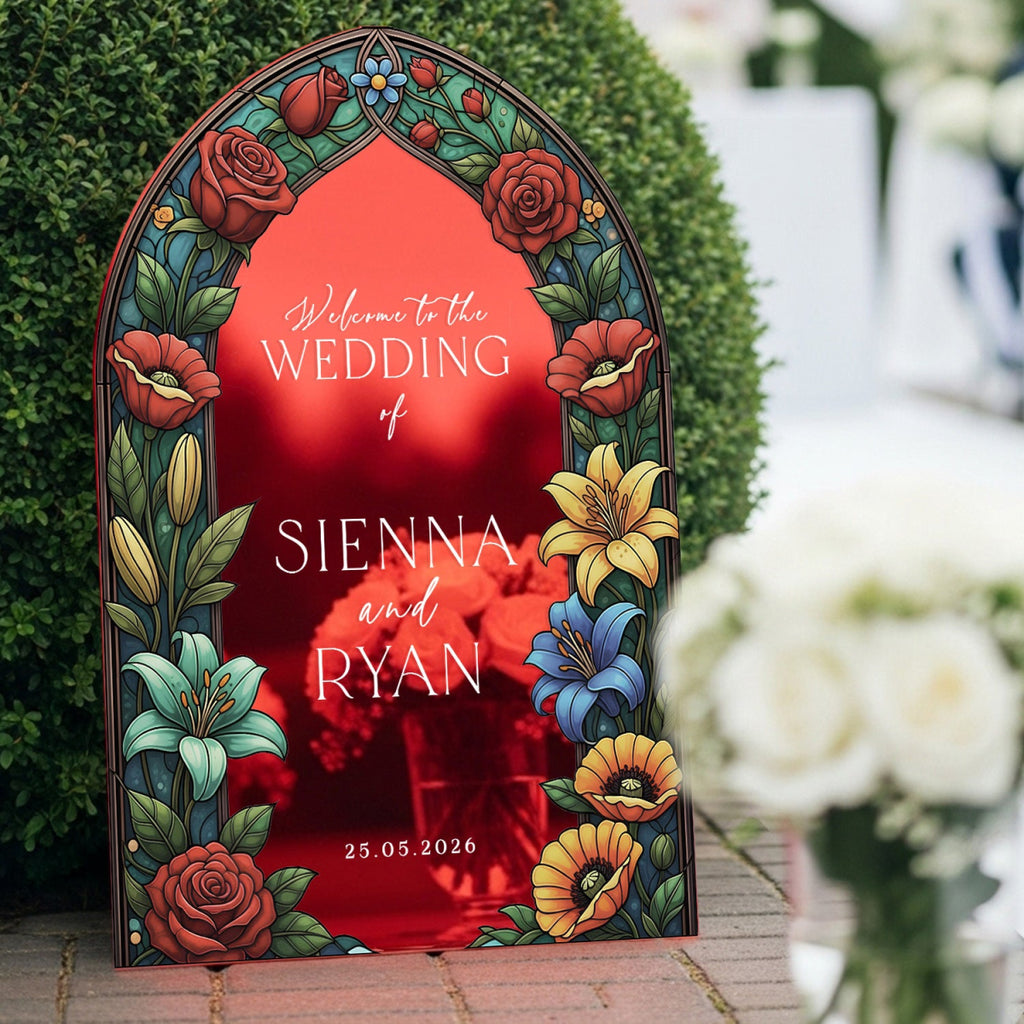 Floral Stained Glass Wedding Sign, Mirror Green Garden Wedding Welcome Sign - SpeedyOrders