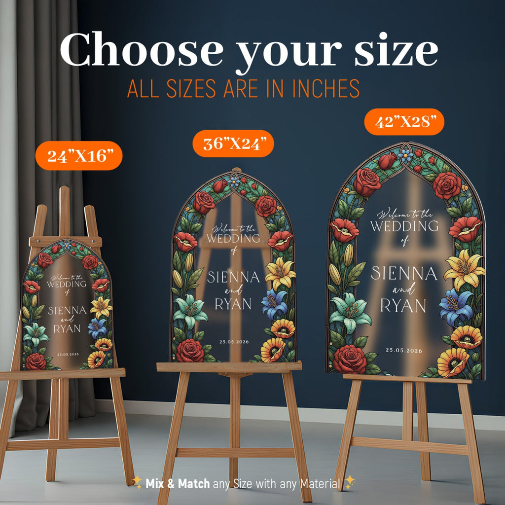 Floral Stained Glass Wedding Sign, Mirror Green Garden Wedding Welcome Sign - SpeedyOrders