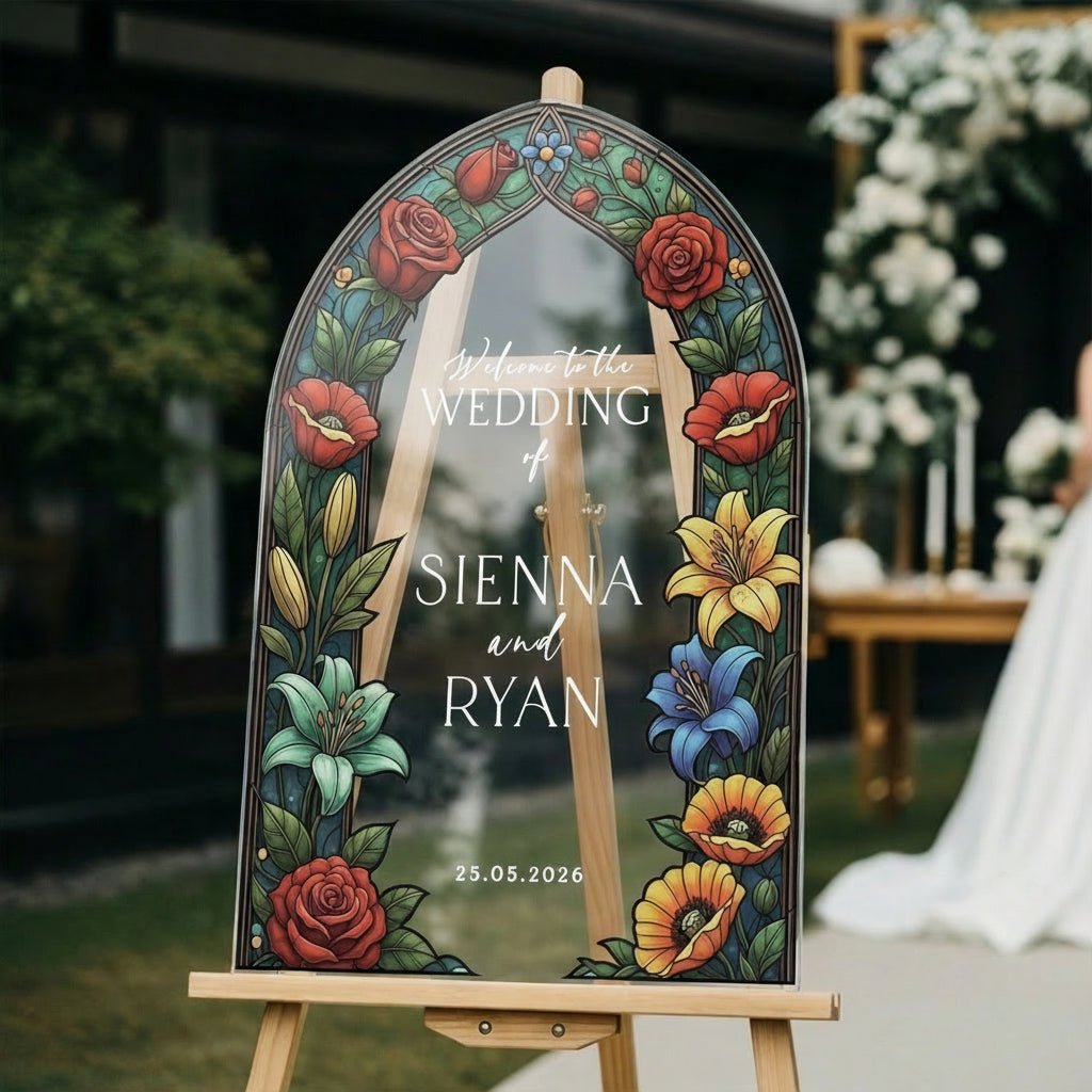 Floral Stained Glass Wedding Sign, Mirror Green Garden Wedding Welcome Sign - SpeedyOrders
