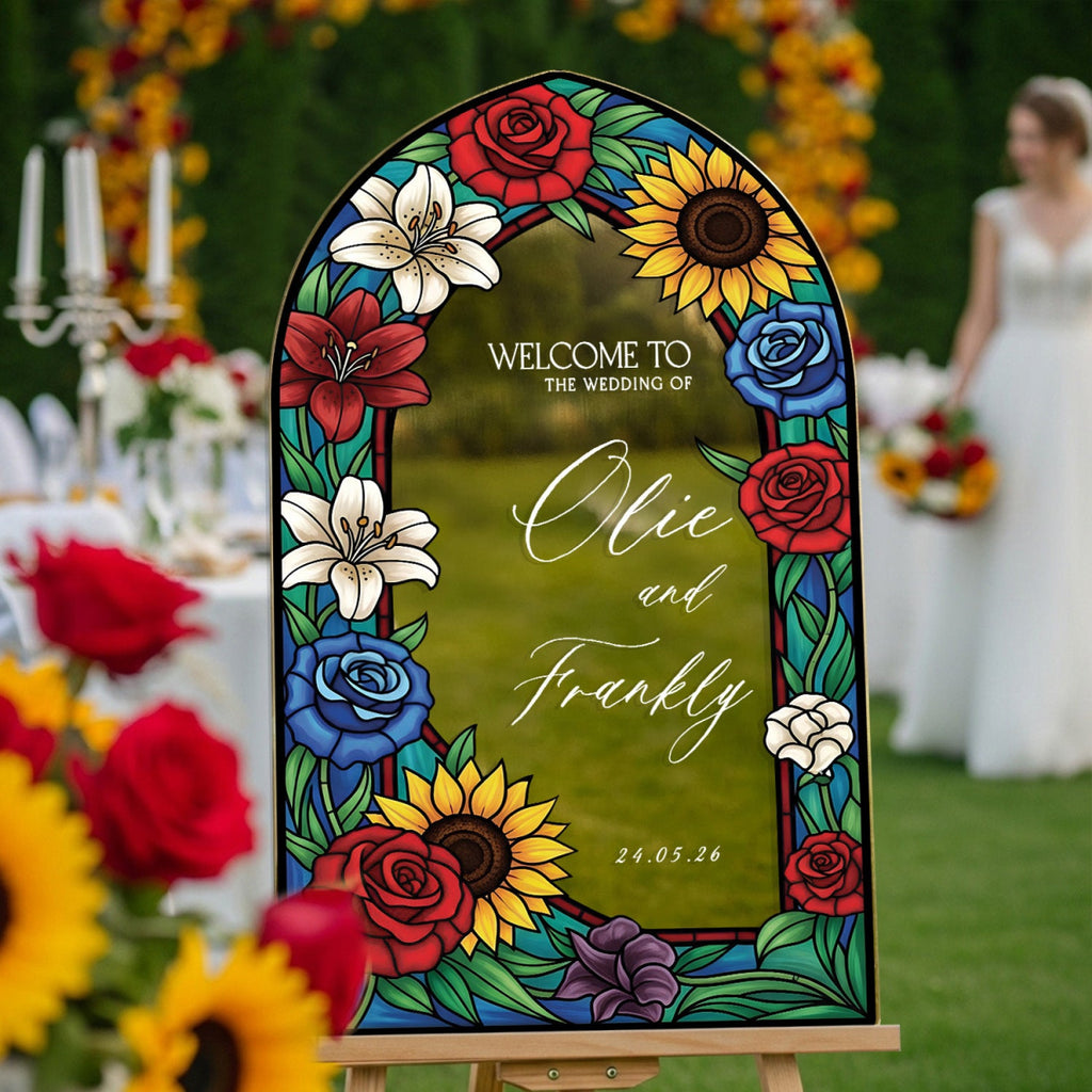 Floral Stained Glass Wedding Sign, Mirror Sunflowers Wedding Welcome Sign - SpeedyOrders