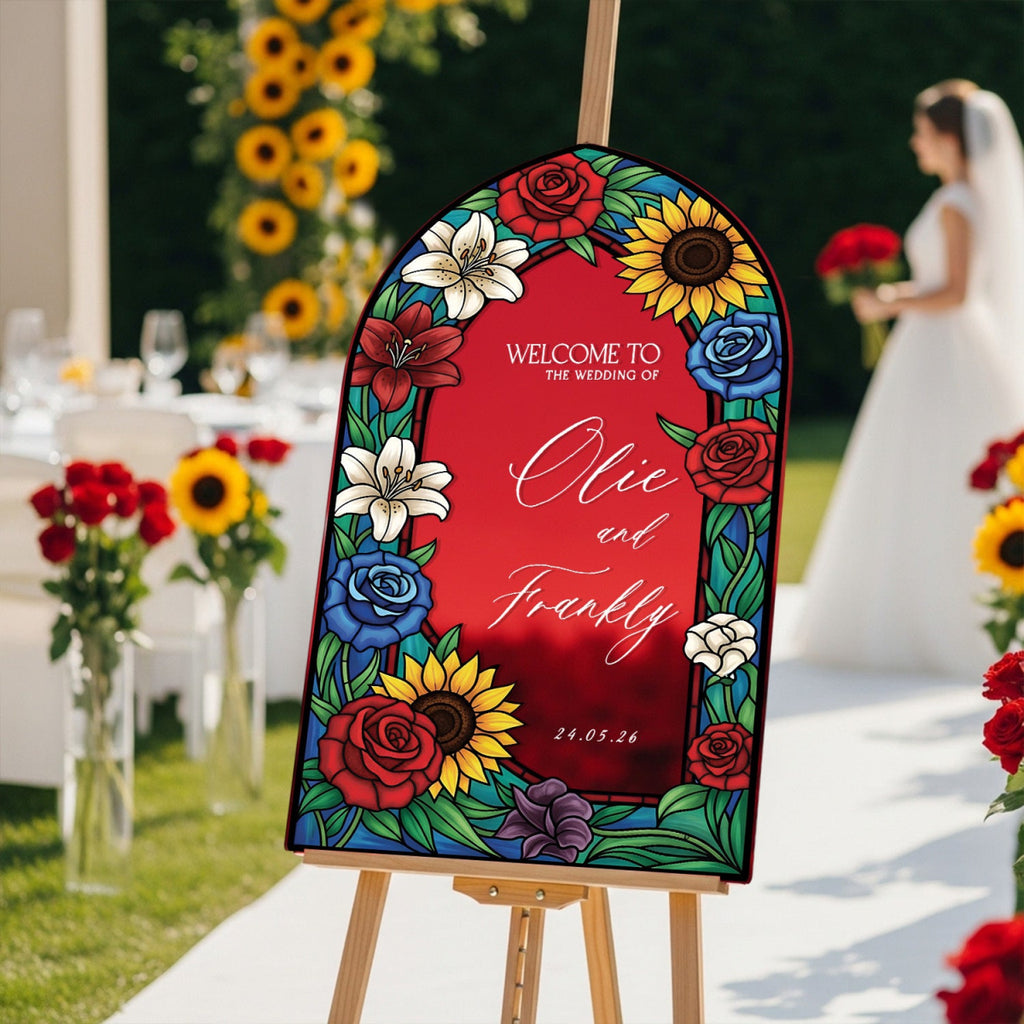 Floral Stained Glass Wedding Sign, Mirror Sunflowers Wedding Welcome Sign - SpeedyOrders