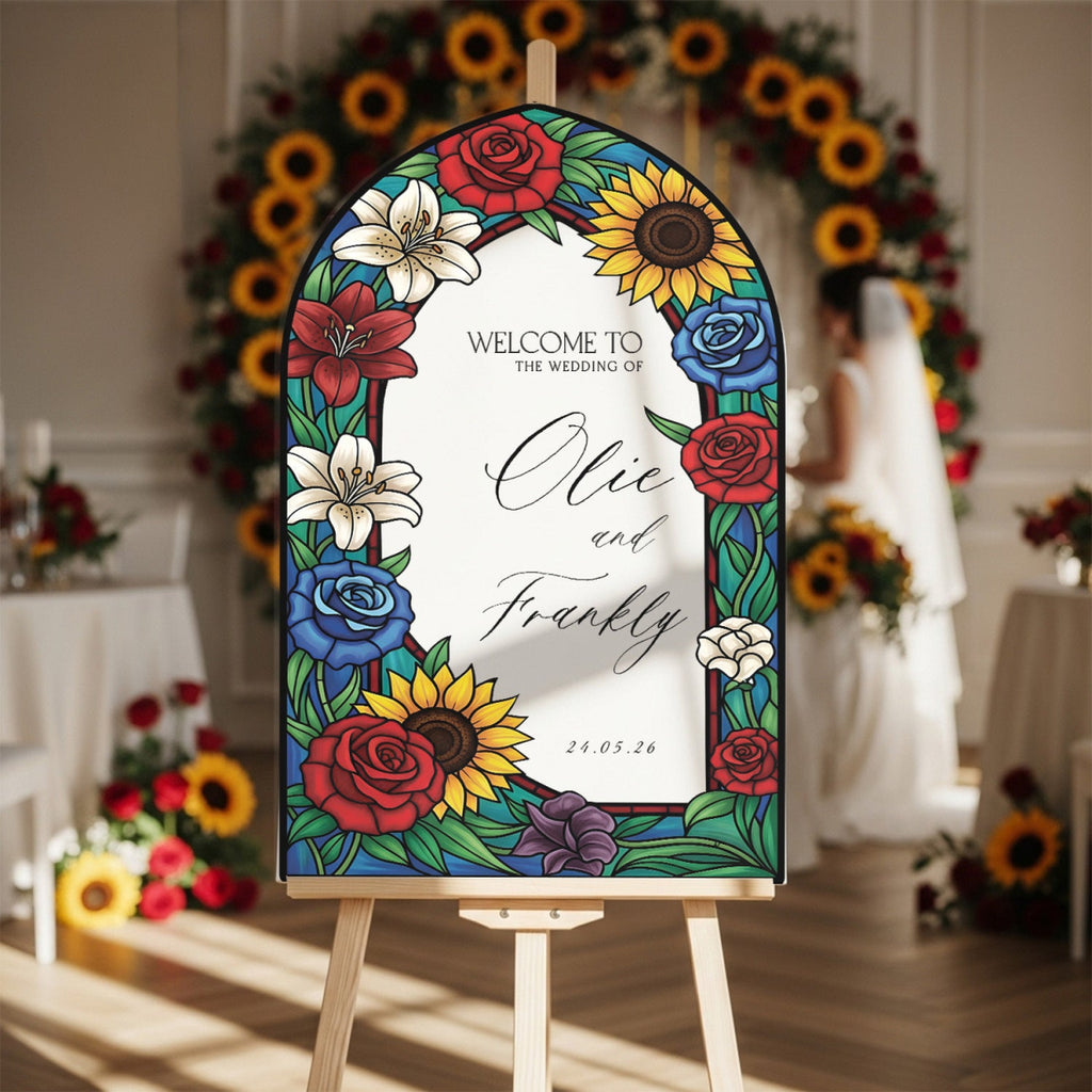 Floral Stained Glass Wedding Sign, Mirror Sunflowers Wedding Welcome Sign - SpeedyOrders