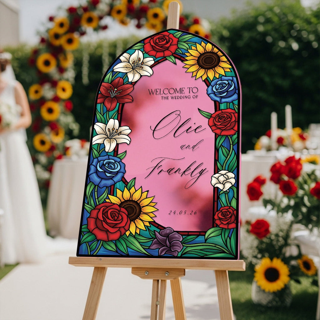 Floral Stained Glass Wedding Sign, Mirror Sunflowers Wedding Welcome Sign - SpeedyOrders