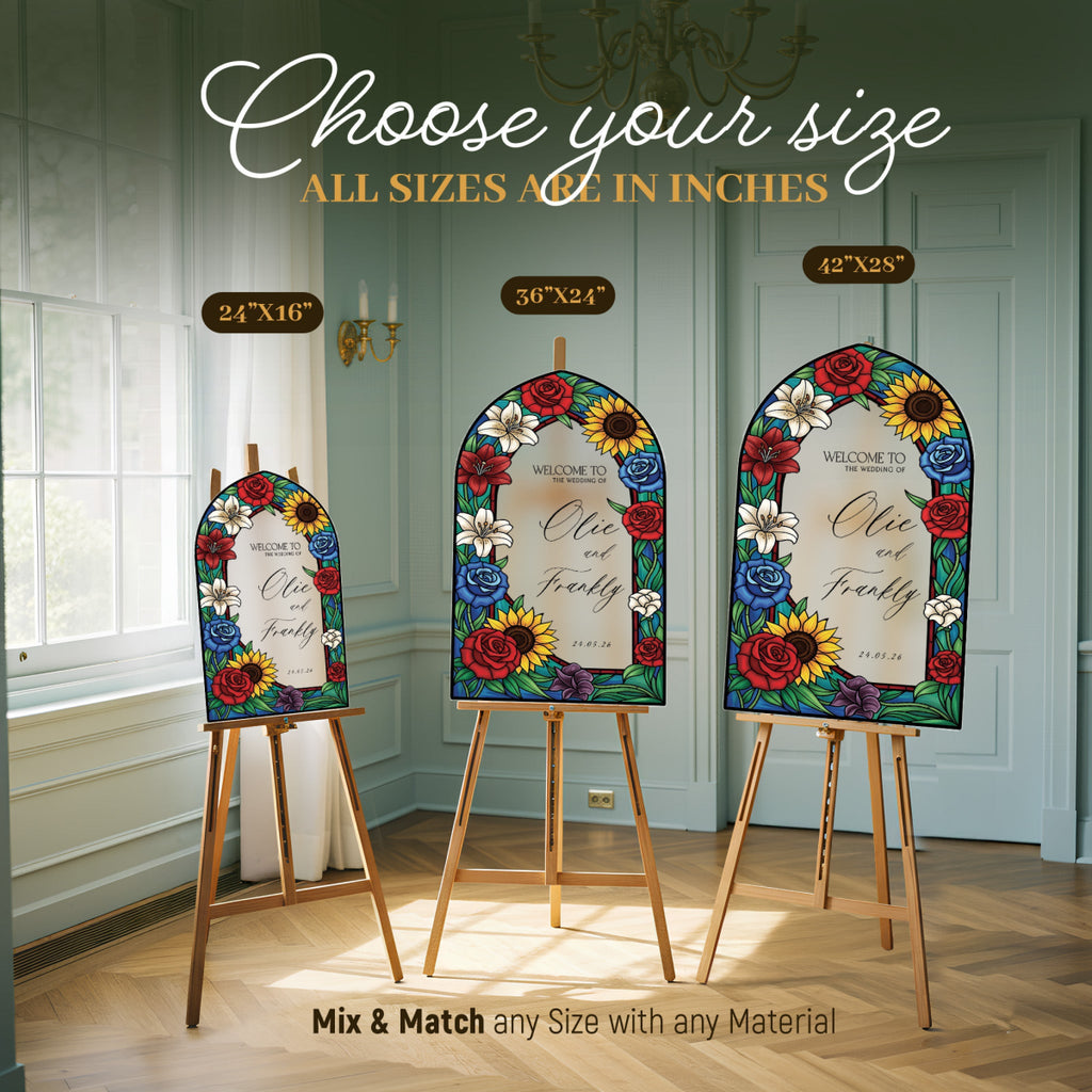 Floral Stained Glass Wedding Sign, Mirror Sunflowers Wedding Welcome Sign - SpeedyOrders