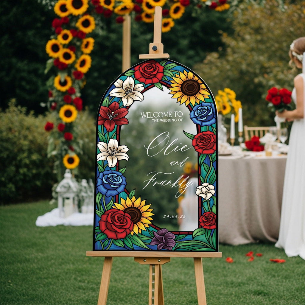Floral Stained Glass Wedding Sign, Mirror Sunflowers Wedding Welcome Sign - SpeedyOrders