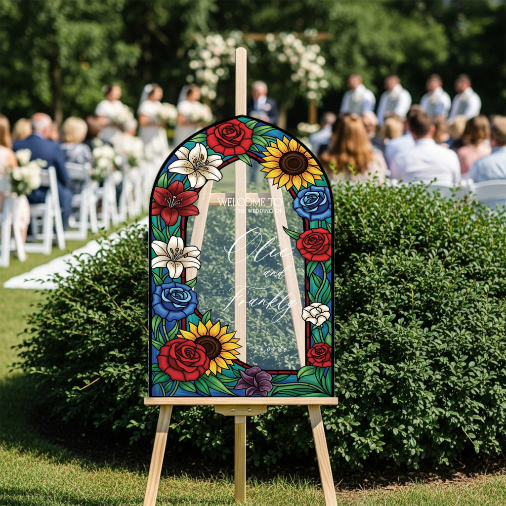 Floral Stained Glass Wedding Sign, Mirror Sunflowers Wedding Welcome Sign - SpeedyOrders