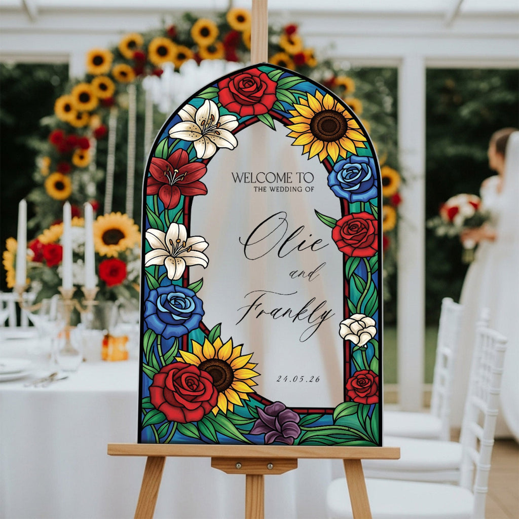 Floral Stained Glass Wedding Sign, Mirror Sunflowers Wedding Welcome Sign - SpeedyOrders
