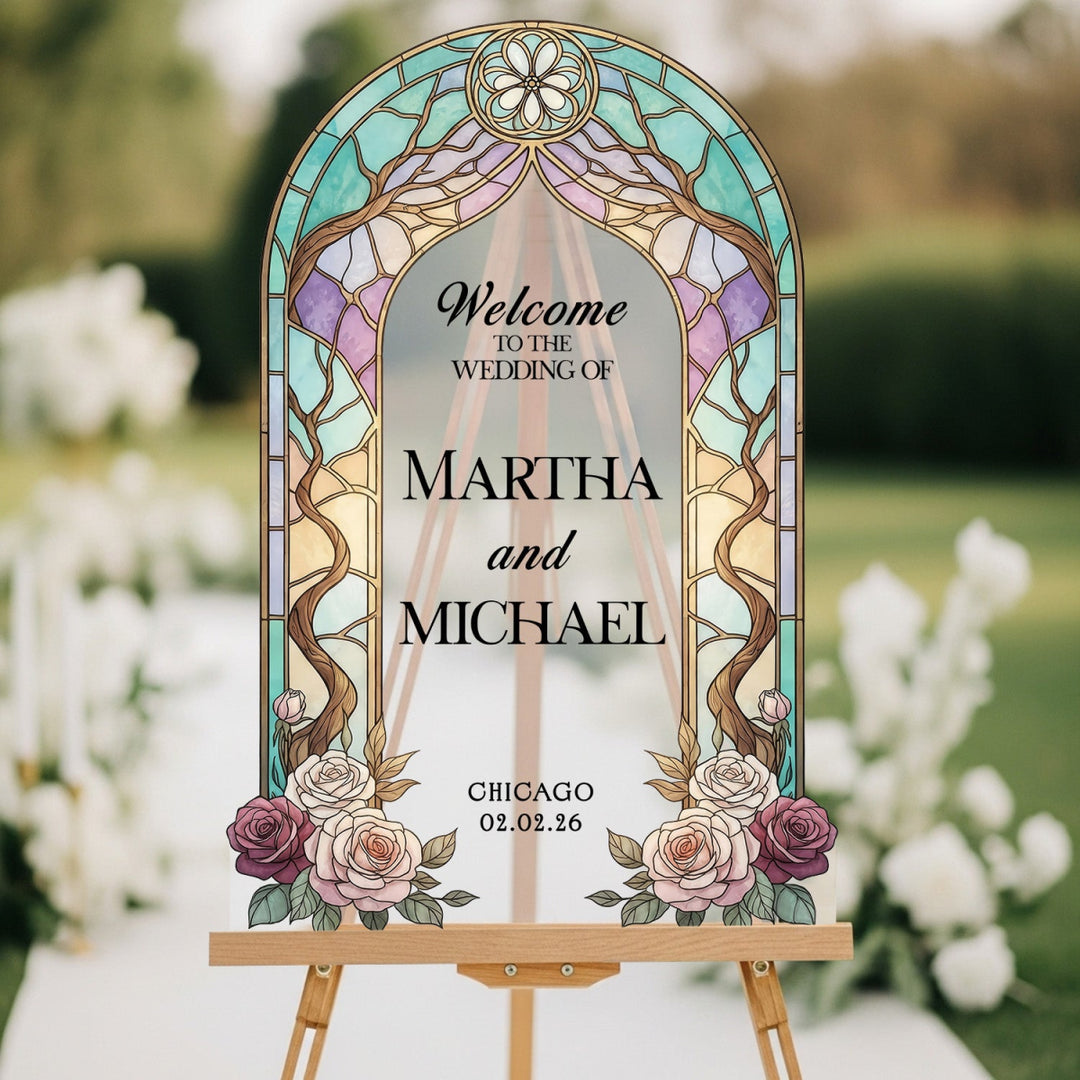 Floral Stained Glass Wedding Signs, Roses Wedding Welcome Sign - SpeedyOrders