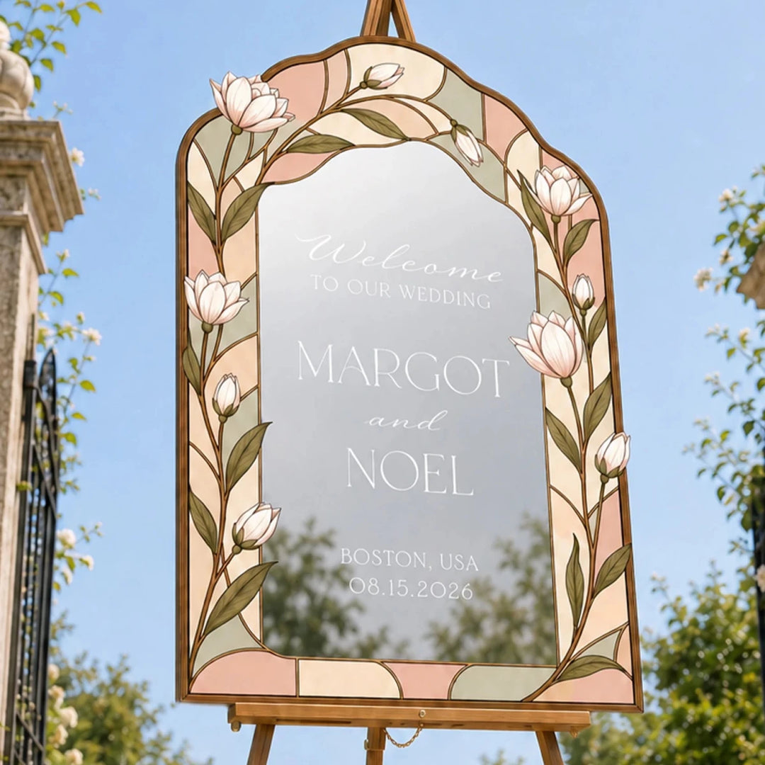 Floral Stained Glass Wedding Welcome Sign — Crimson Botanical Arch - SpeedyOrders