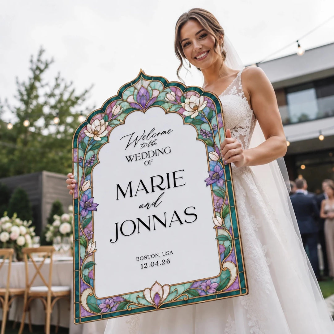 Floral Stained Glass Wedding Welcome Sign — Purple Botanical Arch - SpeedyOrders