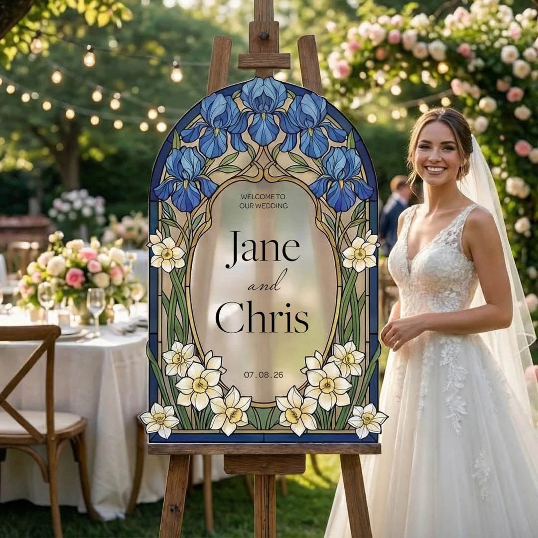 Floral Wedding Sign, Blue Iris Mirror Wedding Welcome Sign - SpeedyOrders