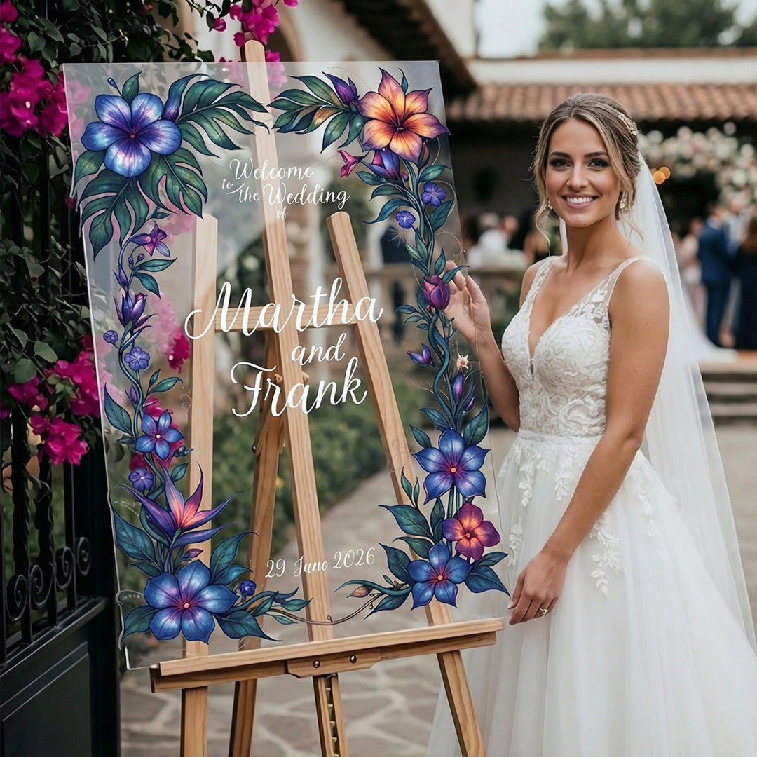 Floral Wedding Sign, Purple Hibiscus Wedding Welcome Sign - SpeedyOrders