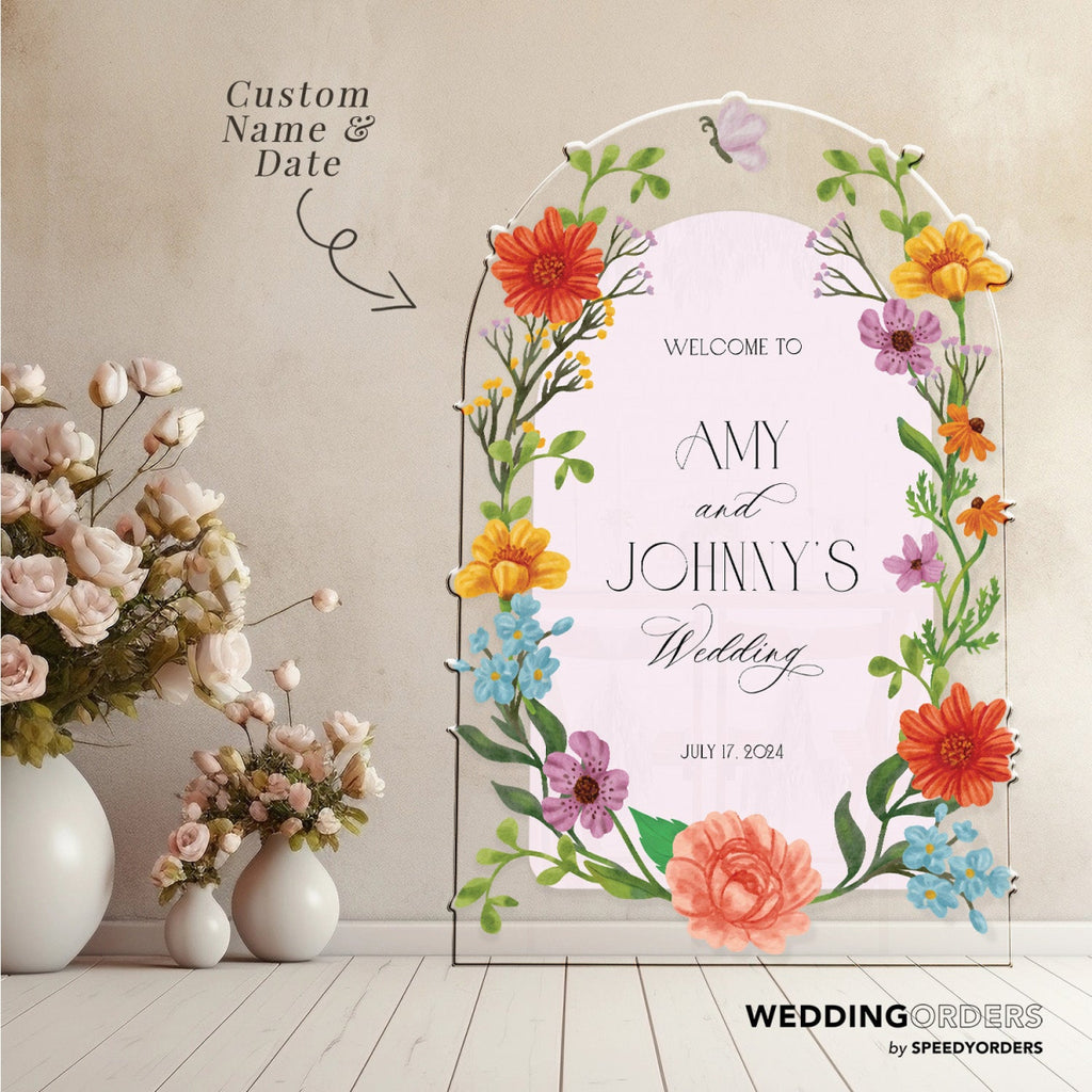 Floral Wedding Sign, Wedding Entrance Sign, Wildflowers Wedding Name Sign - SpeedyOrders
