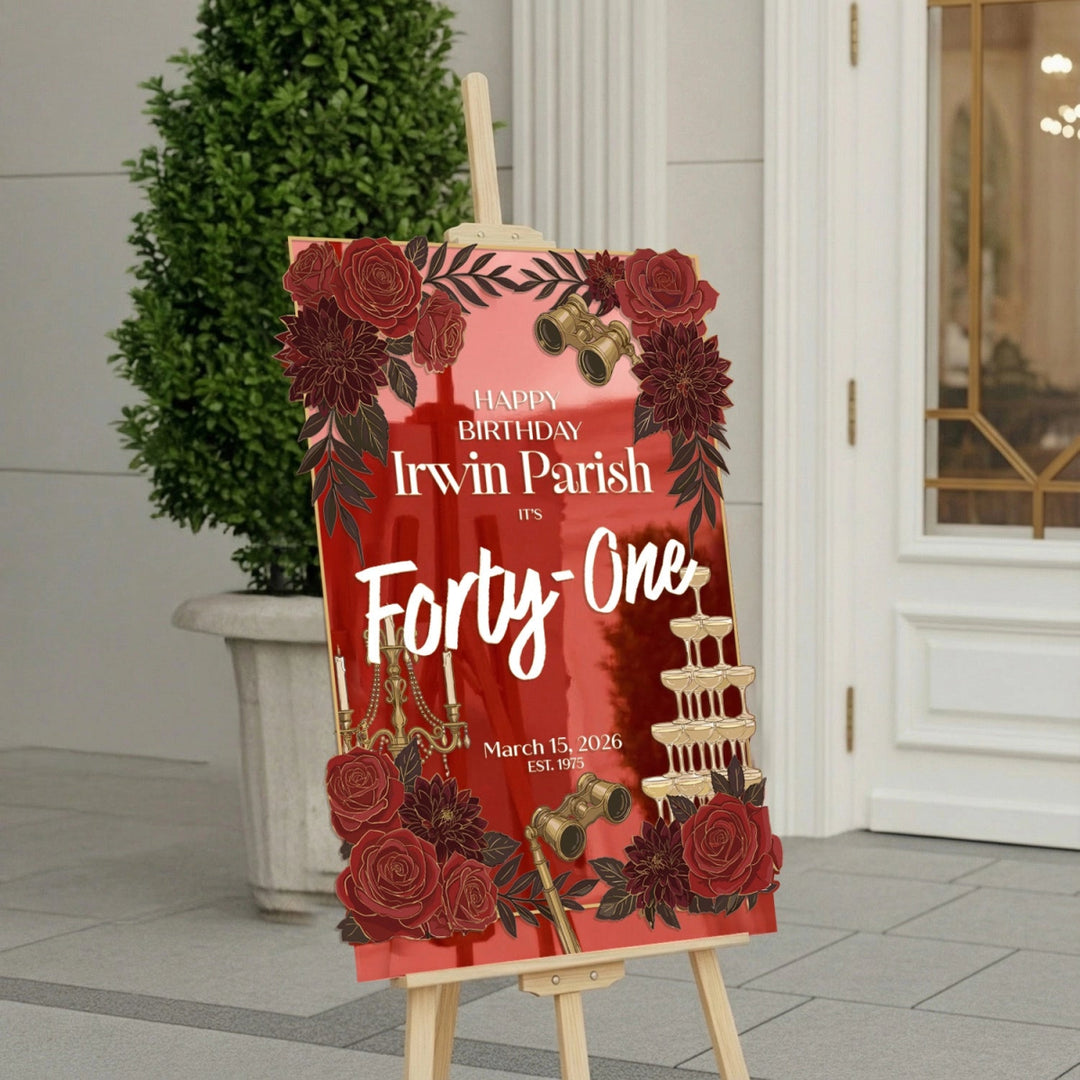 Floral Women’s Birthday Party Sign, Custom Mirror Acrylic Sign For Birthday Party - SpeedyOrders