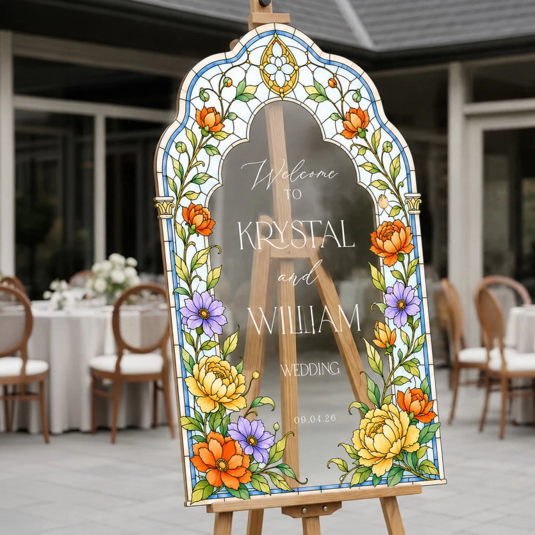 Folk Art Floral Stained Glass Wedding Welcome Sign — Warm Colorful Arch - SpeedyOrders