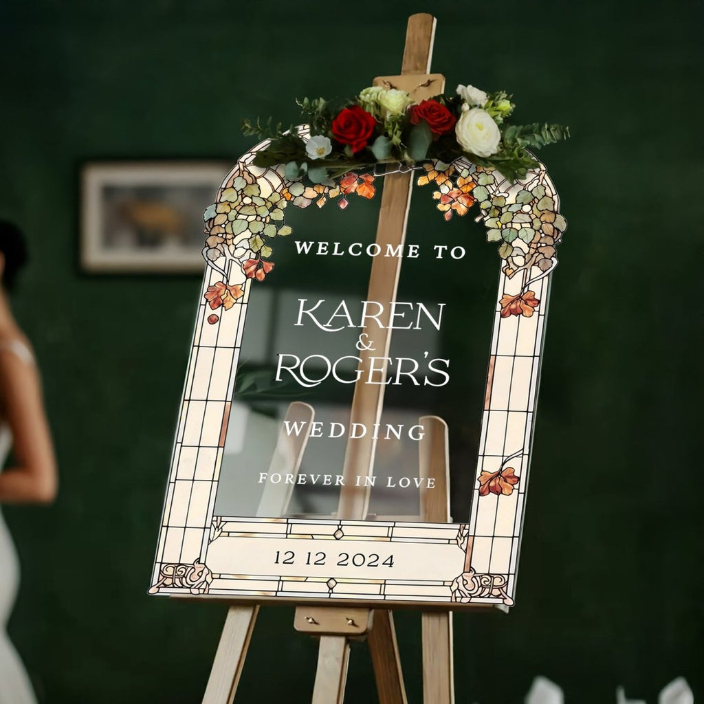 Forever In Love Wedding Welcome Sign, Stained Glass Floral Wedding Sign - SpeedyOrders