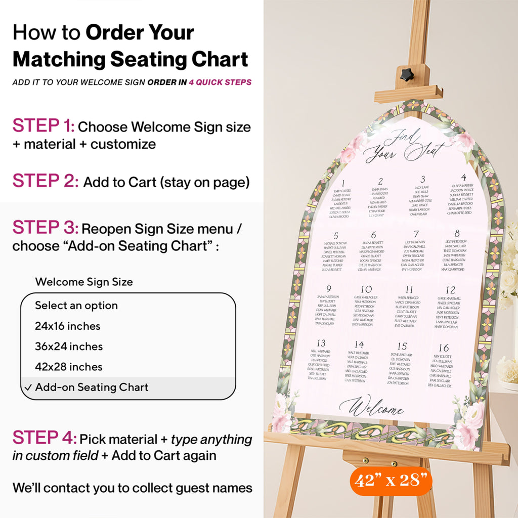 Frosted Pink Stained Glass Wedding Sign, Pink Roses Wedding Welcome Sign - SpeedyOrders