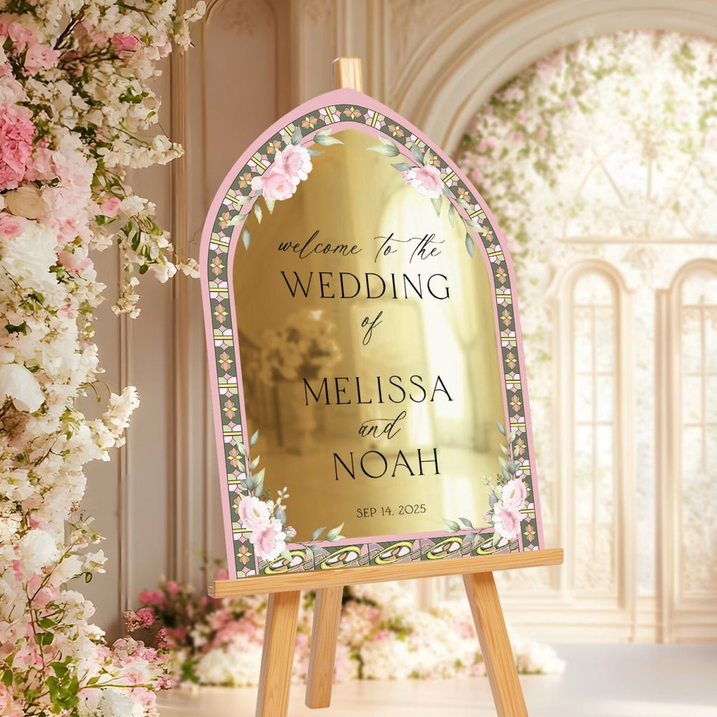 Frosted Pink Stained Glass Wedding Sign, Pink Roses Wedding Welcome Sign - SpeedyOrders