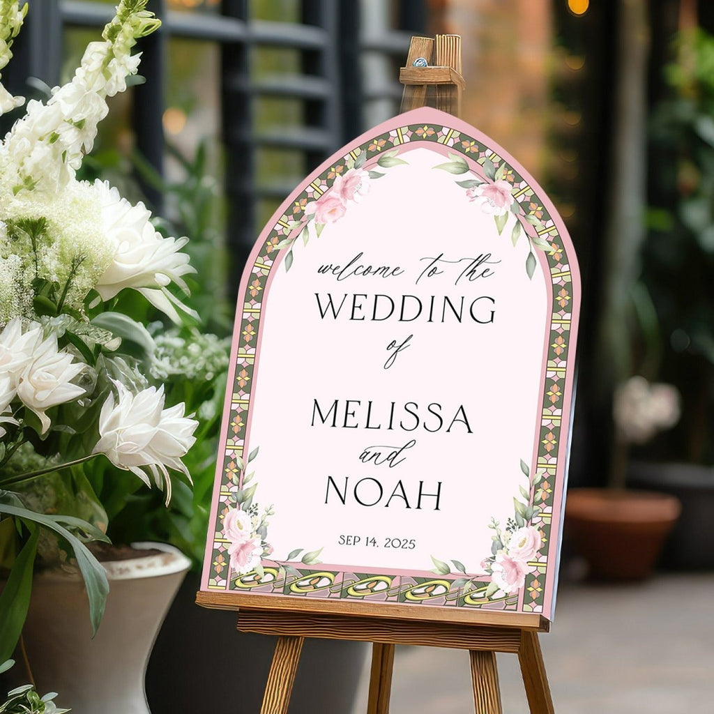 Frosted Pink Stained Glass Wedding Sign, Pink Roses Wedding Welcome Sign - SpeedyOrders