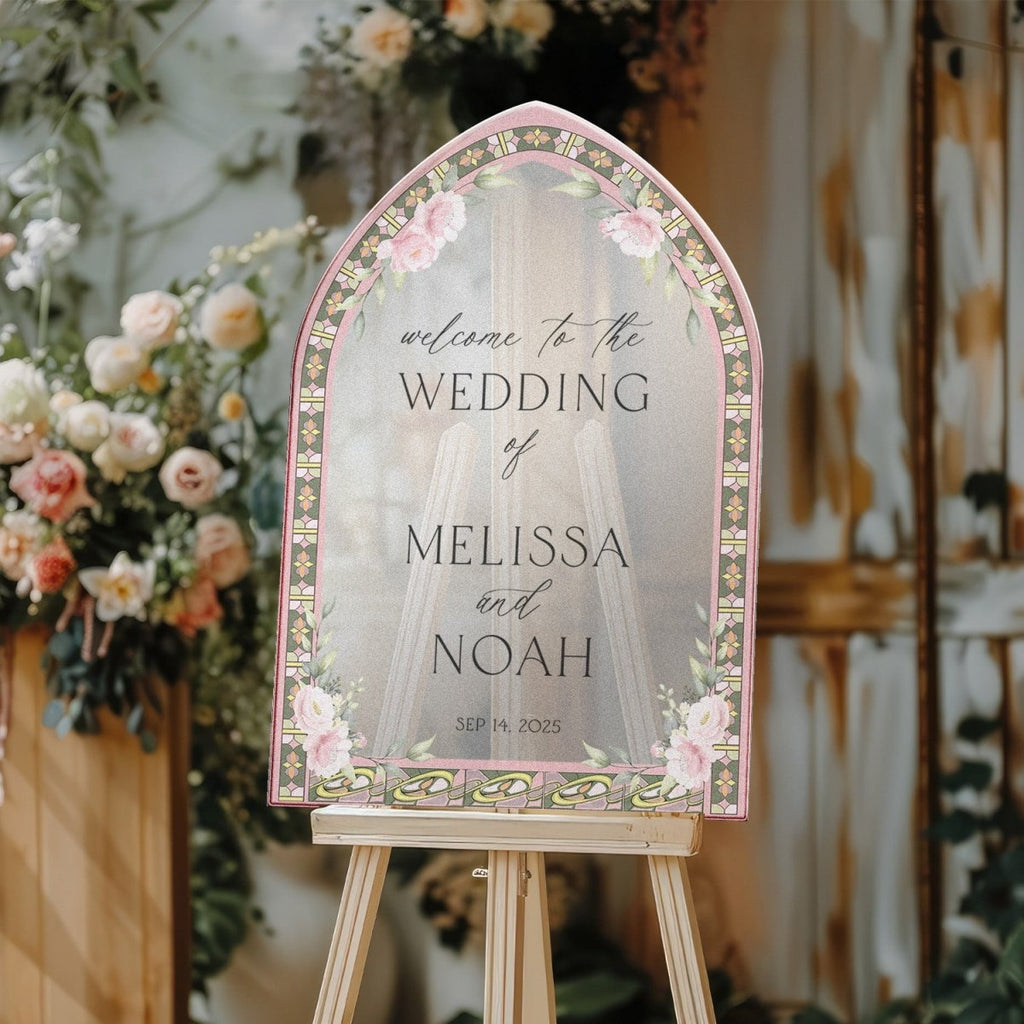 Frosted Pink Stained Glass Wedding Sign, Pink Roses Wedding Welcome Sign - SpeedyOrders