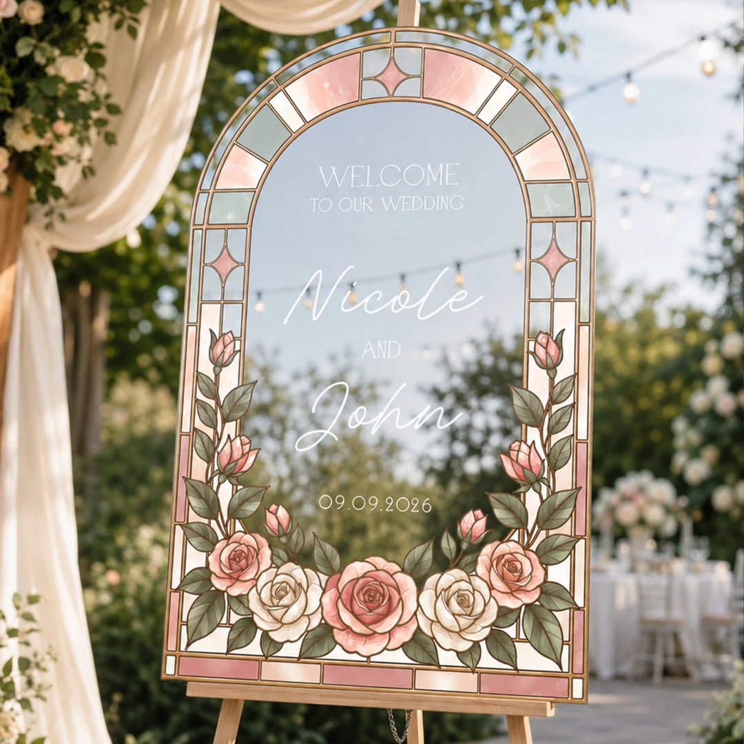 Frosted Rose Stained Glass Wedding Welcome Sign — Blush Floral Arch - SpeedyOrders