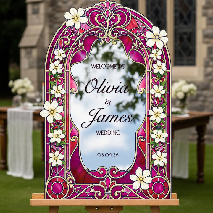 Fuchsia Stained Glass Wedding Sign · Ornate Gold Arch | SpeedyOrders