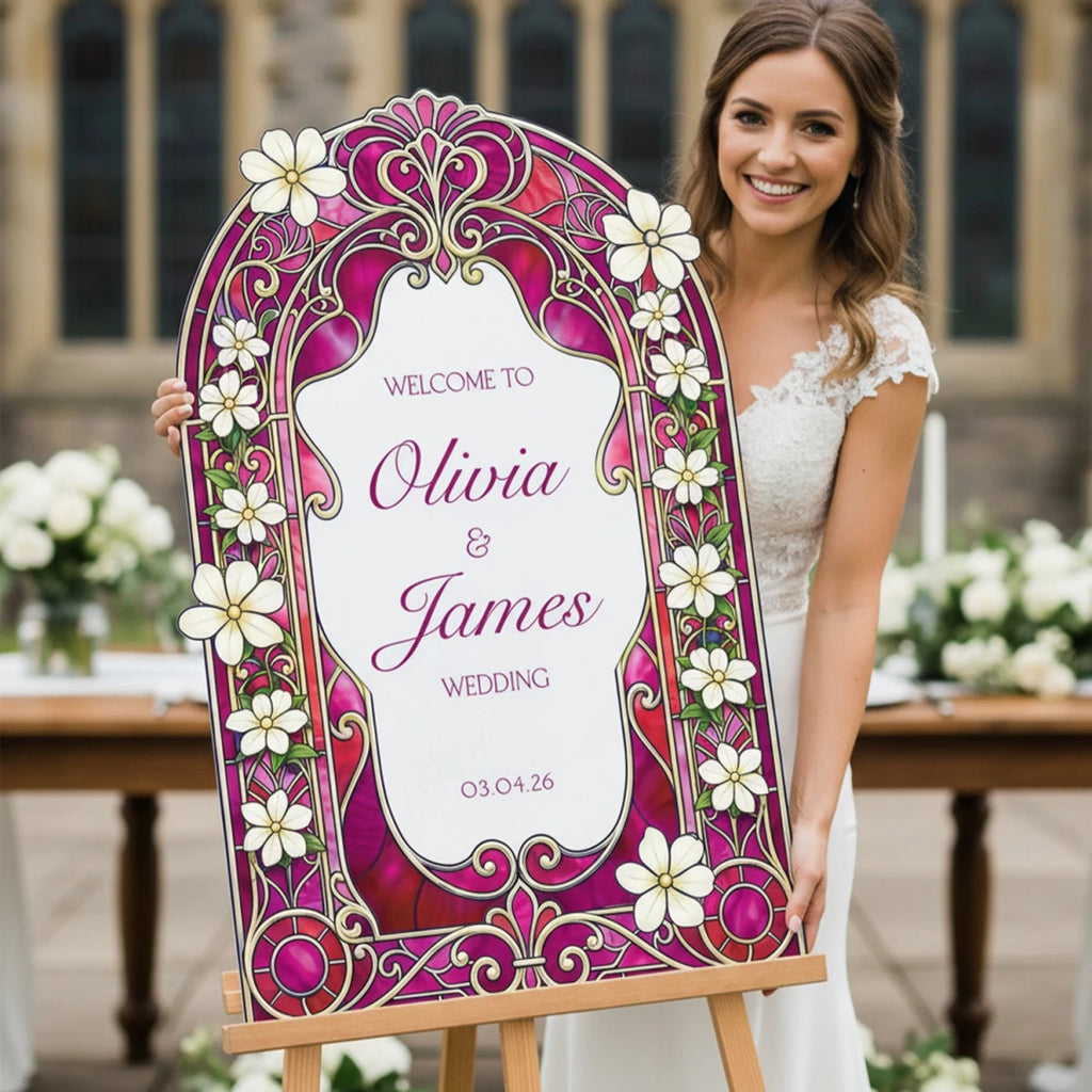 Fuchsia Stained Glass Wedding Sign · Ornate Gold Arch | SpeedyOrders