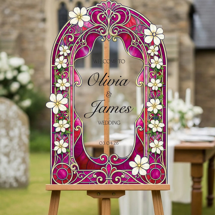Fuchsia Stained Glass Wedding Sign · Ornate Gold Arch | SpeedyOrders