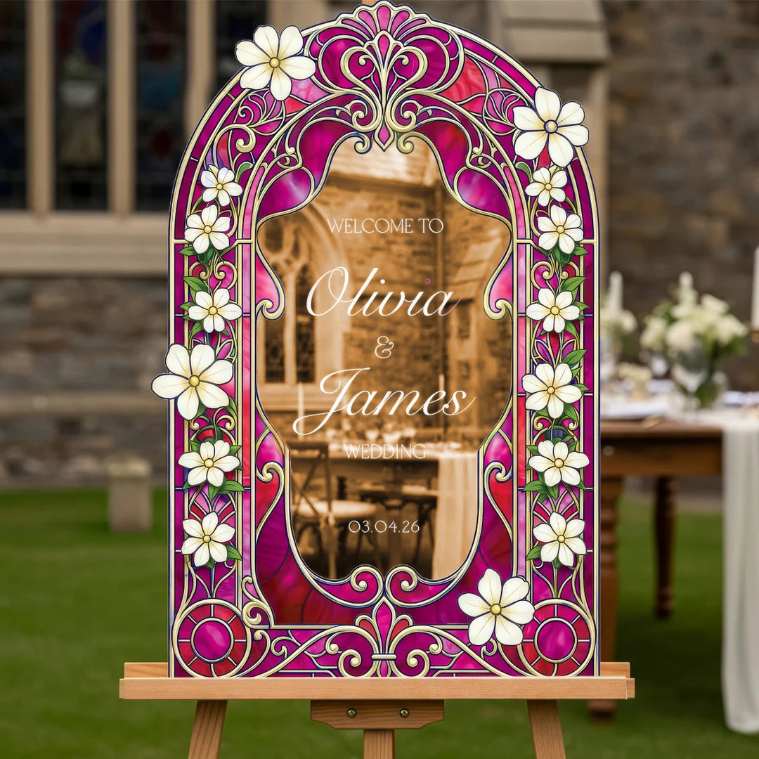 Fuchsia Stained Glass Wedding Sign — Ornate Gold Arch - SpeedyOrders