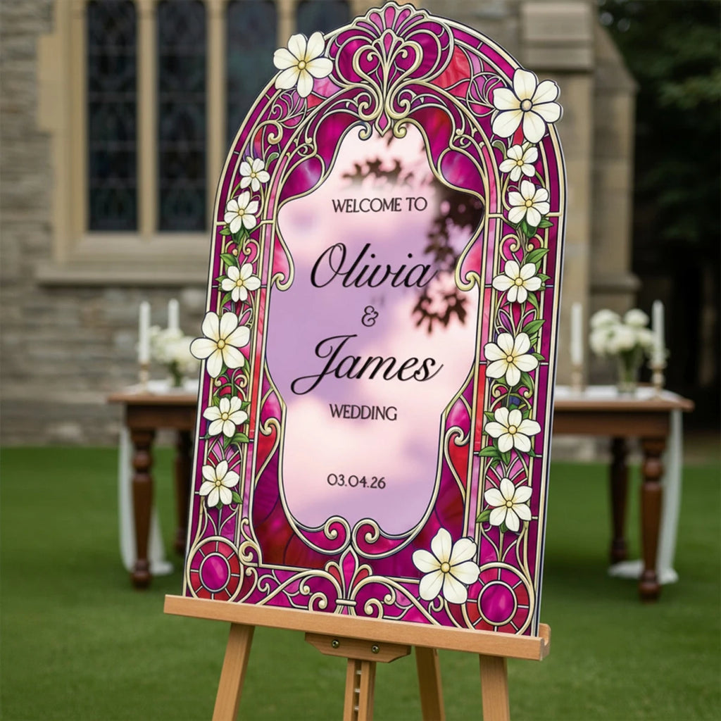 Fuchsia Stained Glass Wedding Sign · Ornate Gold Arch | SpeedyOrders