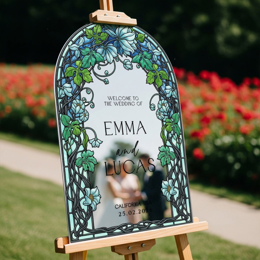 Garden Vine Stained Glass Wedding Sign, Blue Floral Wedding Welcome Sign - SpeedyOrders