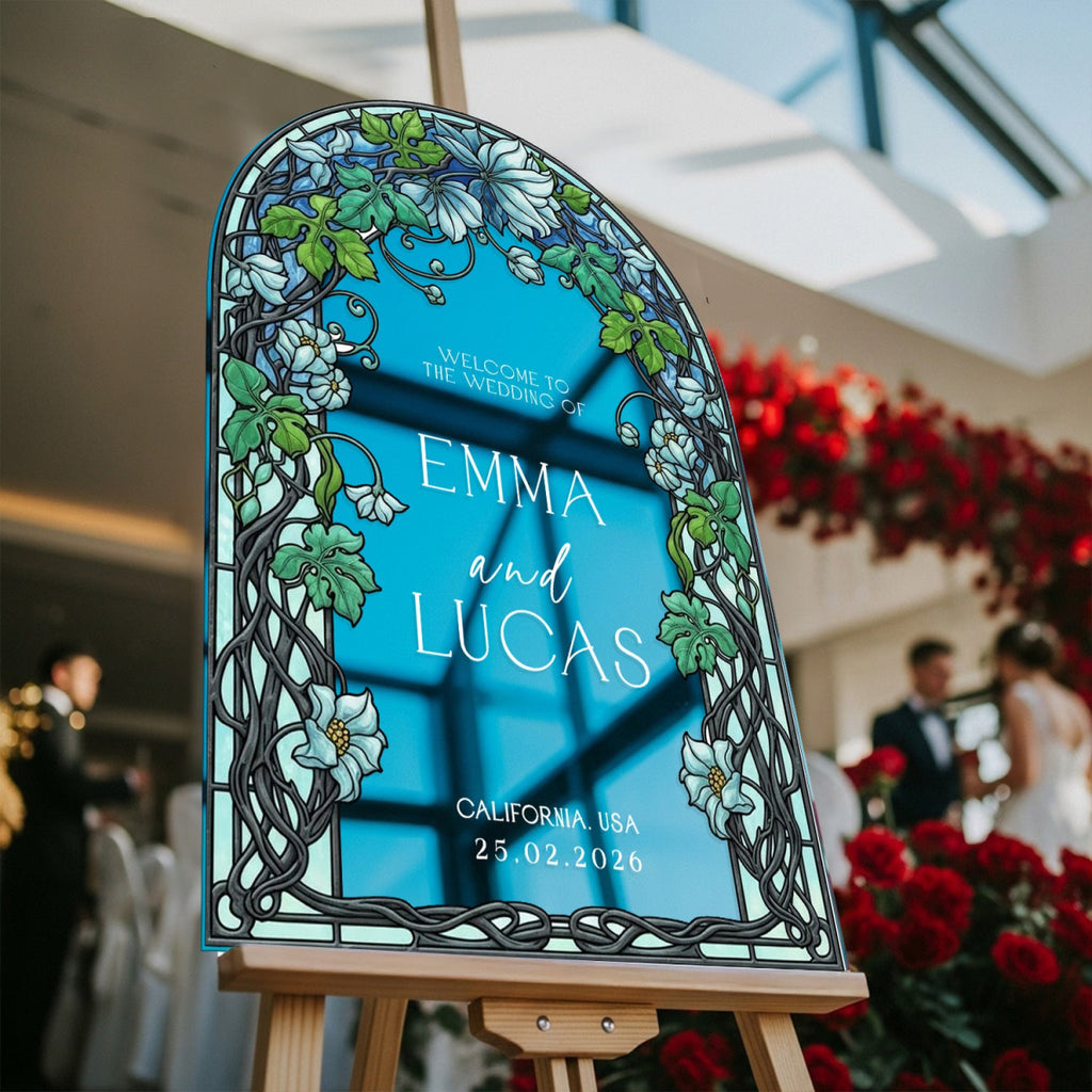 Garden Vine Stained Glass Wedding Sign, Blue Floral Wedding Welcome Sign - SpeedyOrders