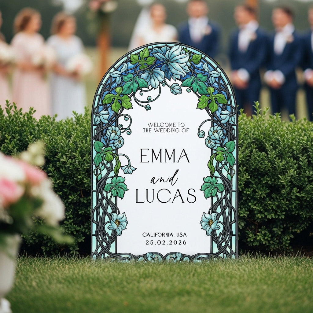 Garden Vine Stained Glass Wedding Sign, Blue Floral Wedding Welcome Sign - SpeedyOrders