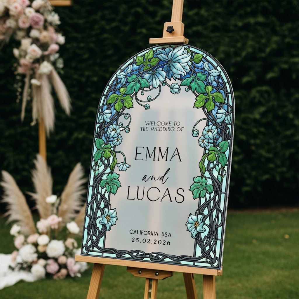 Garden Vine Stained Glass Wedding Sign, Blue Floral Wedding Welcome Sign - SpeedyOrders