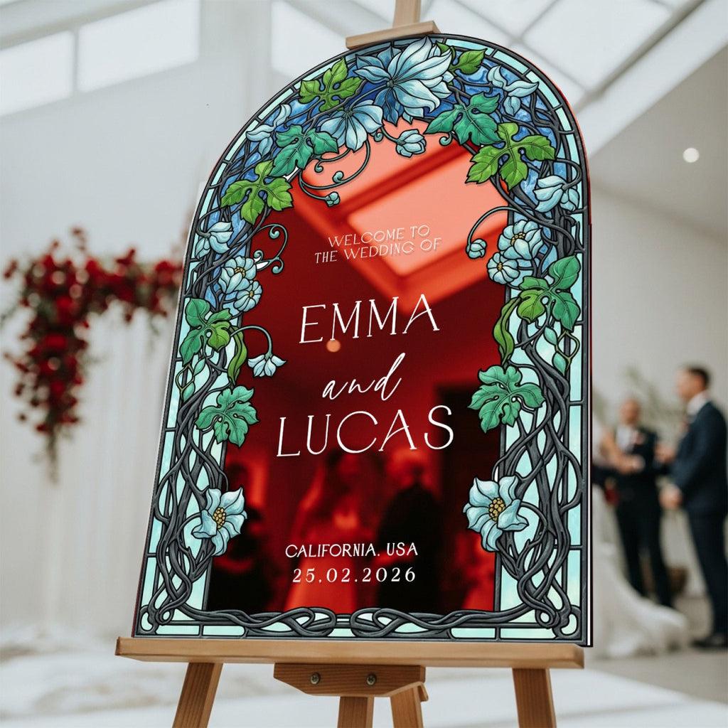 Garden Vine Stained Glass Wedding Sign, Blue Floral Wedding Welcome Sign - SpeedyOrders