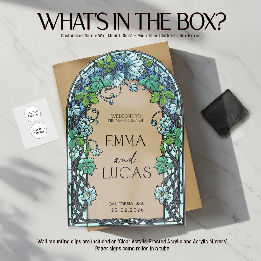 Garden Vine Stained Glass Wedding Sign, Blue Floral Wedding Welcome Sign - SpeedyOrders